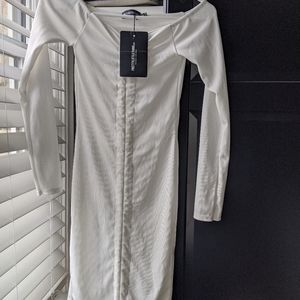 White Ribbed Long Sleeve Ruched Bodycon Dress